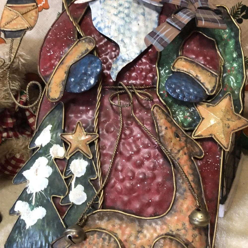 Vintage Metal Merry Christmas Sign Santa & Sleigh Wall Hanging Decor 34 1/2”x16”